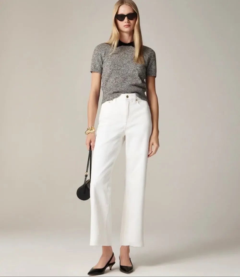 J.Crew Petite Slim-Wide Leg Jeans WMNS 27P White Denim 1996 Semi Stretch Raw Hem